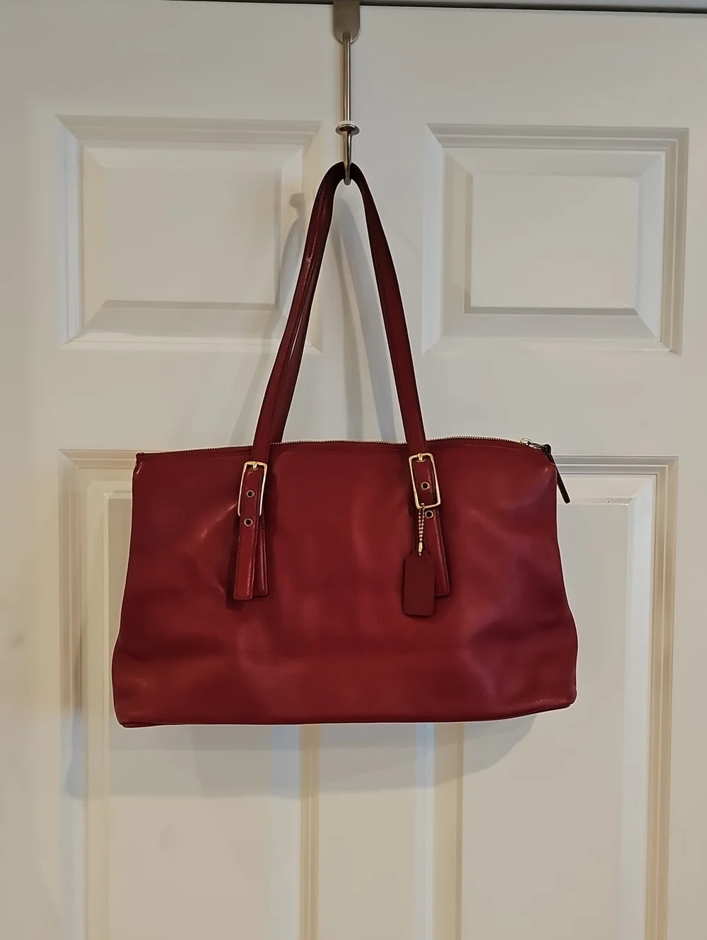 Coach Women's Classic Red Leather Shoulder Medium Tote Purse with Gold Accents